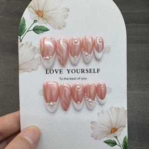 <span class=keywords><strong>Uñas</strong></span> postizas de almendra hechas a mano <span class=keywords><strong>con</strong></span> efecto ojo de gato ombre lavanda, línea plateada, <span class=keywords><strong>rosa</strong></span> y purpurina de perlas pequeñas para viajes de primavera - Product Image 5