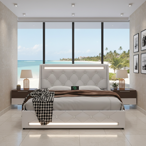 <b>Queen</b> <b>Size</b> Storage <b>Bed</b> Frame LED Lights Charging Station Modern Upholstered Platform <b>Bed</b> Diamond Headboard for Apartment Use - Product Image 1