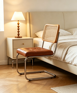 Midcentury Modern Leather <b>Chair</b> With Cane <b>Back</b> Metal Legs Tufted Seat Living Room Furniture - Product Image 6