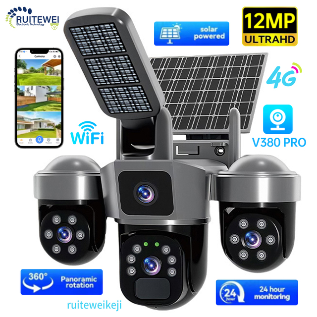 V380PRO Pan-Tilt Wide-Angle Dual Screen 12MP IP66 Solar Powered Battery Operated CCTV System WiFi/4G Security Camera CMOS