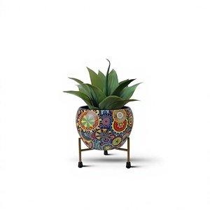 Pot de fleurs en métal émaillé créatif, rond, à motifs colorés, avec support en métal - Product Image 2