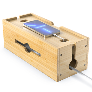 Customized Natural Bamboo Cable Management Box with Lid to Store Chargers Power Strips Cables