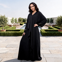 Abaya musulmane noire de luxe personnalisée pour femme, en polyester, élégante, avec poignets à sequins et panneau à volants, ouverte, modeste, pour l'automne, vente en gros à Dubaï, faible MOQ