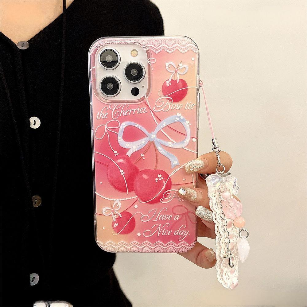 White Pearl Cherry Charm with Heart Ribbon