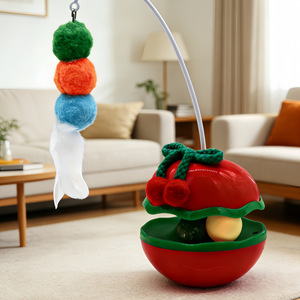 <b>Cat</b> Roly Poly Pom Pom <b>Toy</b> With Feather Stick Boredom Buster For <b>Cats</b> <b>Interactive</b> Play Green Yellow Red - Product Image 1