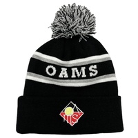 100% Acryl Jacquard gestreepte pompon beanie, op maat gebreide wintermuts met logo voor unisex buitengebruik
