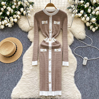 Robe moulante décontractée pour femmes, élégante, à manches longues, en tricot, avec blocs de couleur et boutons décoratifs, pour un usage quotidien