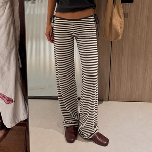 Pantalon extensible taille basse à rayures colorblock avec découpes latérales et liens, style urbain européen et américain, coupe flatteuse, basique et décontracté, pour un look tendance. - Product Image 5
