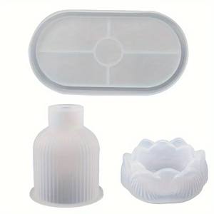 Set di 3 Stampi in Silicone per Resina Fai da Te Candelabro a Loto Vaso per Piante Grasse Stampo in Gesso e Cemento Vassoio Ovale Decorazione per la Casa - Product Image 4