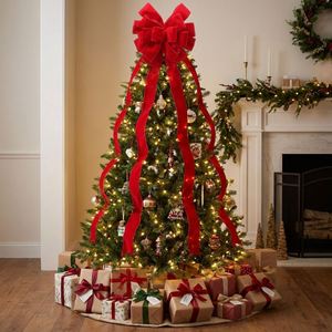 Handmade Trendy Extra Large Flocked Christmas Tree Topper Bow 30x120cm <b>Red</b> Velvet <b>Ribbon</b> with Long Streamers for Wreath Garland - Product Image 2