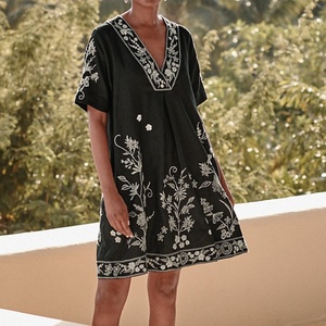 Elegante Vestido de Lino y Algodón con Cuello en V, Casual, Bordado, de Manga Corta, Mini Vestido de Verano para Mujer - Product Image 3