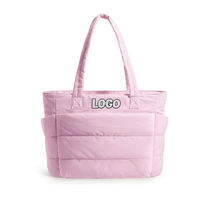 Bolso de Mano Acolchado Grande de Invierno con Bordado Personalizado, Compartimentos para Portátil, Color Rosa, Acolchado Suave, Bolso Tipo Satchel, Bolso Tote Acolchado para Mujer