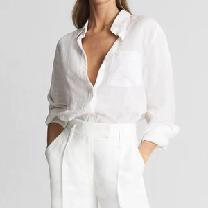 Logo personalizzato da <span class=keywords><strong>donna</strong></span> Casual a manica lunga in tessuto di <span class=keywords><strong>lino</strong></span> camicie con colletto largo per la casa camicette di <span class=keywords><strong>lino</strong></span> di cotone per le donne - Product Image 3