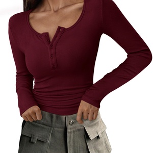 Camisetas Estampadas de Manga Larga para Mujer, Camisetas de Manga Larga Otoño 2025, Camisetas de Punto Acanalado con Botones, Corte Ajustado, Casual, Básico - Product Image 1