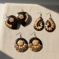 Mode boucle d'oreille à la main sculpté noix de coco bijoux tressé rotin paille boucles d'oreilles pour femmes filles