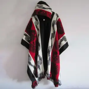 Western Style Autumn Winter Men Coat 2024 Indigenous Vintage Aztec Ethnic Knitted Poncho Cape With Hoodie