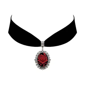 Red Rose Cameo Pendent Choker - Gothic Black Velvet Choker Necklace Witch Jewelry Gift for Women and Girls