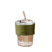 Mug en verre borosilicate de qualité supérieure avec paille et couvercle en verre, housse en cuir personnalisée avec logo, gobelet transparent vierge de 12 oz