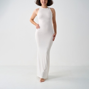 WD-10960 Robe longue élégante et décontractée, coupe trapèze ajustée, taille naturelle, respirante, très élastique, col côtelé, sans manches, couleur unie - Product Image 2