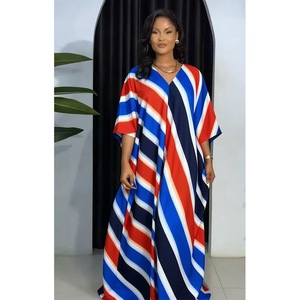 2026 Women's Africa Kafotan Red <strong>Blue</strong> <strong>White</strong> Diagonal <strong>Stripe</strong> Printed <strong>Dress</strong> Loose V-neck Bat Sleeve Short Sleeve <strong>Dress</strong> - Product Image 5