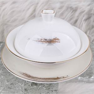 Service de vaisselle de luxe en porcelaine à bord doré blanc avec couvercles, bols, assiettes, tasses, résistant au lave-vaisselle, durable pour la maison et l'hôtellerie - Product Image 4