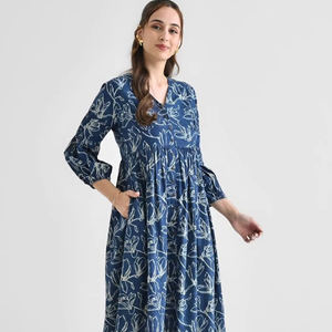 Robe longue en coton imprimé floral de couleur mélangée pour femmes à la mode avec bouton robe longue d'été pour les femmes - Product Image 1