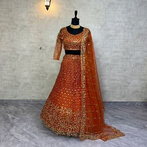 Vintage Regular Fit Natural Autumn Floor-Length LAhenga Choli Dupatta Butterfly <b>Net</b> Material Knitted Machine Embroidered Wrist - Product Image 1
