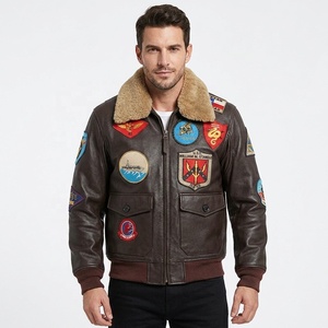 OEM Vintage Cowhide Leather Bomber <strong>Jacket</strong> Custom Fur Collar Applique Embroidery Patch Leather Aviator <strong>Flight</strong> <strong>Jacket</strong> for <strong>Men</strong> - Product Image 1