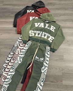 Custom Acid Wash Flared Tracksuits Zip Up 500 GSM Straight Leg Jogging Suit Distressed Sweatsuit <strong>Hoodies</strong> And Sweatpants Sets Men