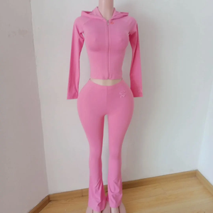 ชุดเซ็ต 2 ชิ้น เสื้อแจ็คเก็ตซิปผู้หญิงพิมพ์โลโก้ตามสั่ง และกางเกงขาบานเอวพับ แต่งแถบสีตัดกันด้านข้าง ชุดวอร์มลำลองสำหรับผู้หญิง - Product Image 3