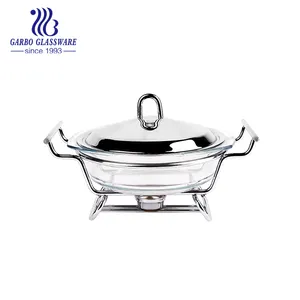 Recipiente de vidrio de borosilicato para alimentos, bandeja para hornear con tapa de acero inoxidable 304 y soporte, 2L