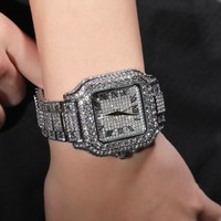 UWIN Montre-Bracelet Carrée Hip Hop Entièrement Sertie de Diamants, Cadran Chiffres Romains et Diamants, Montre à Quartz Étanche pour Hommes et Femmes