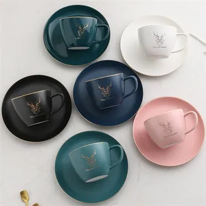 European style matte glaze custom pattern gold rim ceramic tea coffee cup with saucer