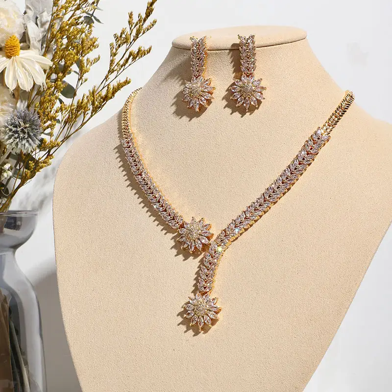 JH Wholesale Price 'Neclace Brass Jewelry Set Bridal 5A+ White Cubin Zirconia Jewelry Set 4Pcs 18K Gold Plated Jewelry Set