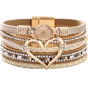 Boheemse Sieraden Armband Voor Vrouwen Mode Kleurrijke Zirkonia Hart Charme Magnetische Gesp Brede Manchet Armband Lederen Armband