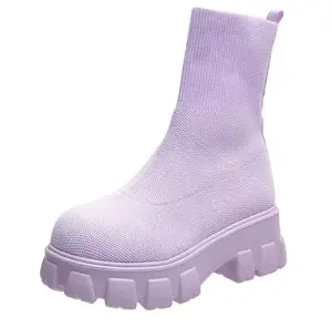 Botas femininas modernas, botas de malha curta e simples para mulheres, cores doces, outono e inverno