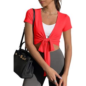 Top Corto Cruzado para Mujer, Manga Corta, Cuello en V Profundo, Camiseta para Yoga, Pilates, Ejercicio, Spandex, Poliéster, Transpirable, Informal - Product Image 1