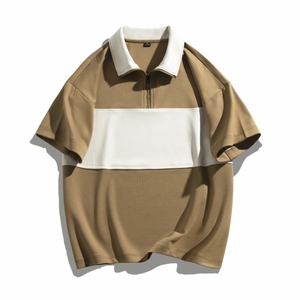 Logo personnalisé perle cool contraste couleur semi-fermeture éclair polo hommes américain en direct goutte épaule revers à manches courtes T-shirt - Product Image 1