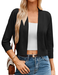 Cardigan Corto da Donna a Maniche 3/4, Monocolore, Aperto sul Davanti, in Maglia, Stile <span class=keywords><strong>Bolero</strong></span>, per Business Casual, <span class=keywords><strong>Nero</strong></span> - Product Image 1