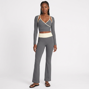 Ensemble sportif 2 pièces pour femme, sans manches, col croisé, pantalon évasé, tricoté, imprimé, couleur unie, respirant, vêtements de sport - Product Image 2