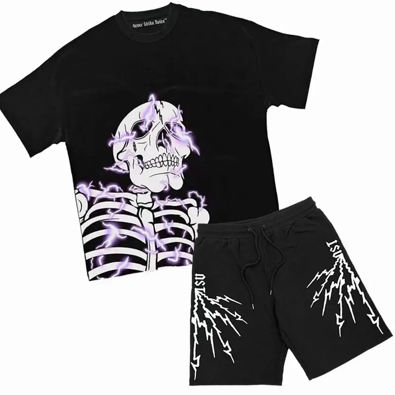 Summer Sports Shorts Suit Men's Sportswear Solid Color Custom Screen Printing Skull 2 Piece O Neck T Shirt And Shorts Set Men