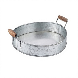 Galvanized Food Serving Tray With Wood Handles Classic Design <b>Grey</b> Color Tea Coffee Serving Tray For Home Use - Product Image 1