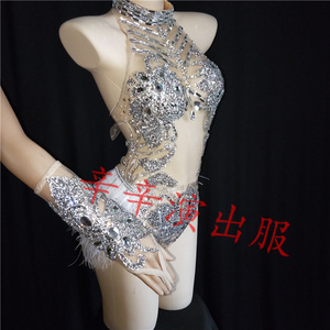 Body Sexy Transparente con <span class=keywords><strong>Plumas</strong></span> de Cristal Dorado para Mujer, Traje de Espalda Descubierta para Club, Ropa de Baile de Stripper Exótica - Product Image 6