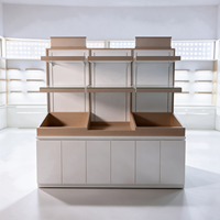 Étagère à cosmétiques en bois clair blanc, trois niveaux ouverts, dessus en verre, armoire inférieure, CE ETL, pour salon de beauté