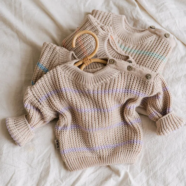 ODM kustom bayi musim dingin nama sweter netral Romper 100% organik garis katun rajut bayi balita Sweatshirt Romper