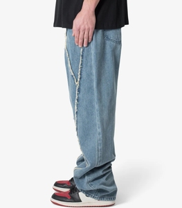 Nueva <span class=keywords><strong>Serie</strong></span> de Diseño: <span class=keywords><strong>Jeans</strong></span> de Mezclilla para Hombre, Estilo Vintage, Lavado Azul, Paneles con Parches, Bajo sin Rematar, Corte Holgado - Product Image 4