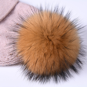 Bonnets d'hiver pour femme en laine véritable raton laveur, couvre-chef avec <span class=keywords><strong>pompon</strong></span> en boule, chapeau tricoté avec strass en cachemire, haute qualité, nouveauté 2019 - Product Image 5
