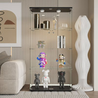 Vitrine en verre d'usine avec éclairage LED de différentes couleurs, serrures de porte, pieds réglables adaptés aux sols inégaux