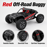 Buggy RC tout-terrain rouge avec pneus surdimensionnés, suspension à ressorts hélicoïdaux, télécommande 2,4 GHz, fonction 'Follow Me' pour enfants, chargeur expert inclus