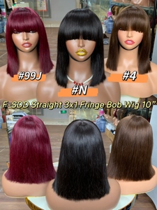 Perruque en cheveux humains super double tirés, livraison rapide, 10 pouces, couleur brune, lisse, perruque en dentelle 3x1 avec frange - Product Image 4